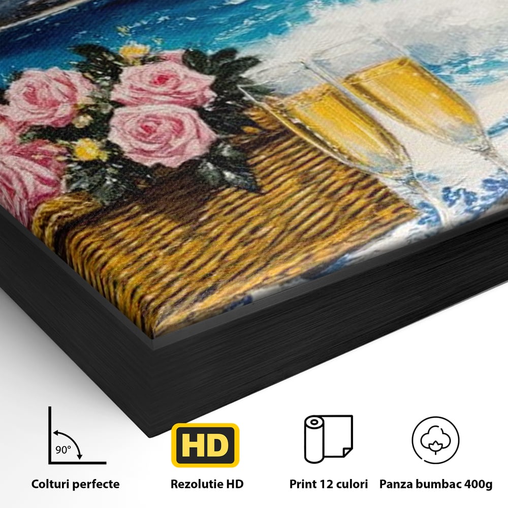 Detaliu al suprafetei: pictura cu picnic pe plaja cu sampanie, in rama de aluminiu negru